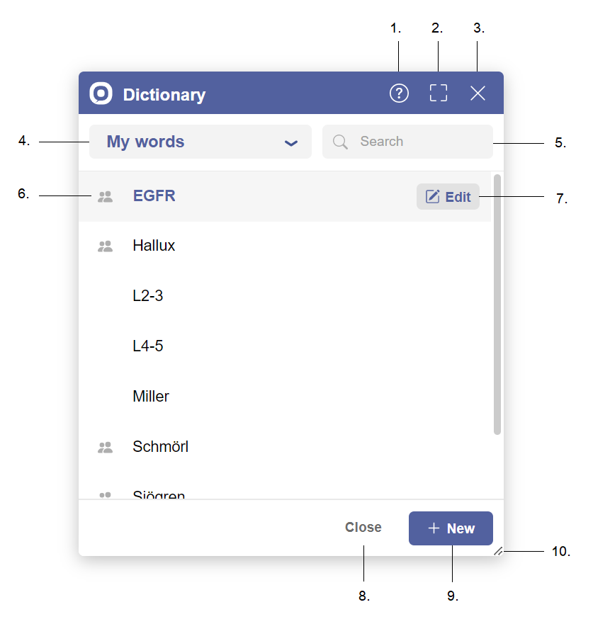Dictionary Component elements
